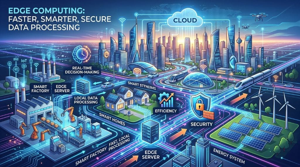 Illustration of edge computing with data processing near IoT, smart manufacturing, and energy systems for faster and secure operations.