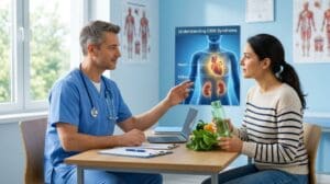Doctor explaining CKM syndrome to Doctor explaining CKM syndrome to a patient using a heart and kidney diagram