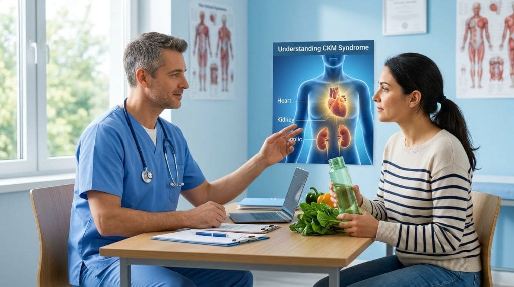 Doctor explaining CKM syndrome to Doctor explaining CKM syndrome to a patient using a heart and kidney diagram