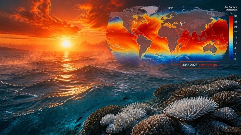 Ocean surface temperature impacts, warm seas fuel stronger storms, heavier rainfall, and coral bleaching, shown over a global heatmap.
