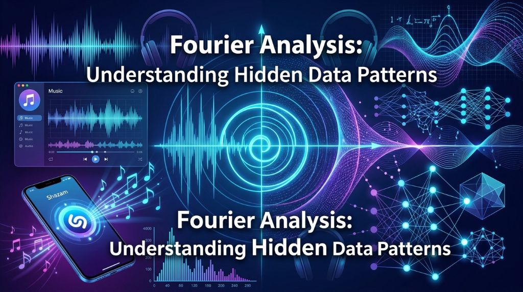 Higher-order Fourier analysis visualization showing sound waves, music app recognition, and mathematical data patterns with glowing waveforms and neural networks transforming audio into hidden pattern discovery.