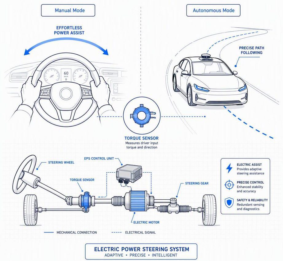 Seamless mode switching: a torque sensor detects the driver’s hands and toggles between smooth manual power assistance and precise autonomous path-following.