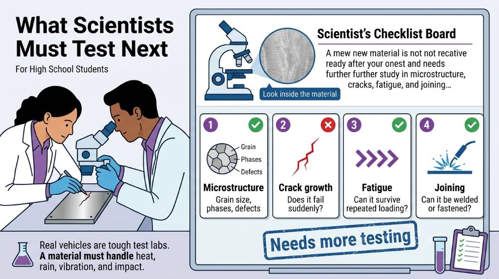Infographic showing key tests needed before cobalt-aluminum material innovation can be considered for real engineering use.