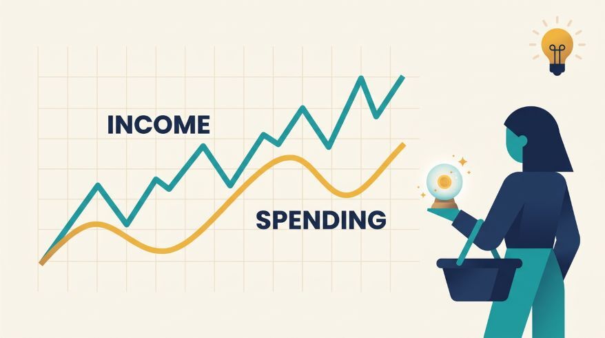 Chart showing a jagged income line and a smooth spending line to illustrate consumption smoothing