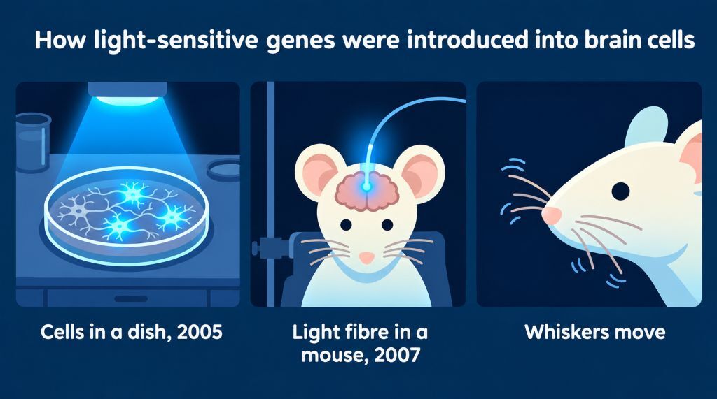Three-panel infographic: neurons in a dish, a light fibre in a mouse brain, and a mouse moving its whiskers.