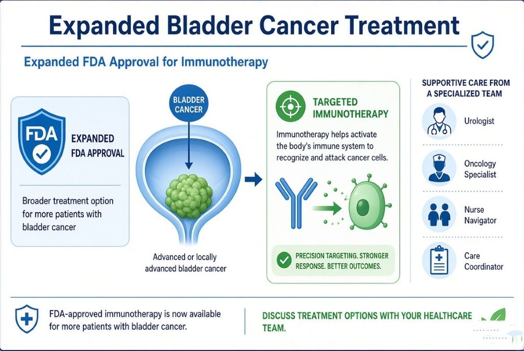 Illustration of the FDA’s expanded approval of Anktiva plus BCG for certain BCG-unresponsive bladder cancers, a ew bladder cancer treatment