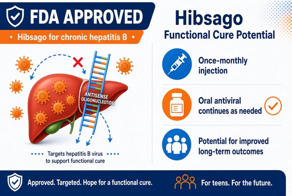 Infographic showing FDA-approved hepatitis B treatment Hibsago targeting the virus in the liver