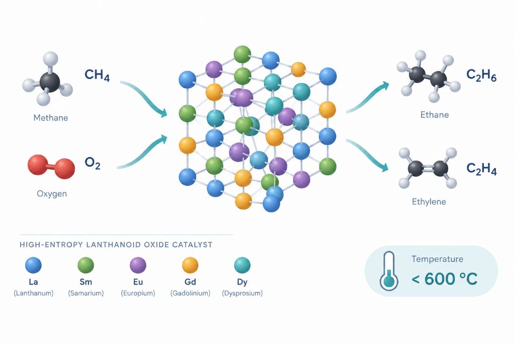 High-entropy lanthanoid oxide crystal lattice converting methane to ethane and ethylene below 600 degrees Celsius