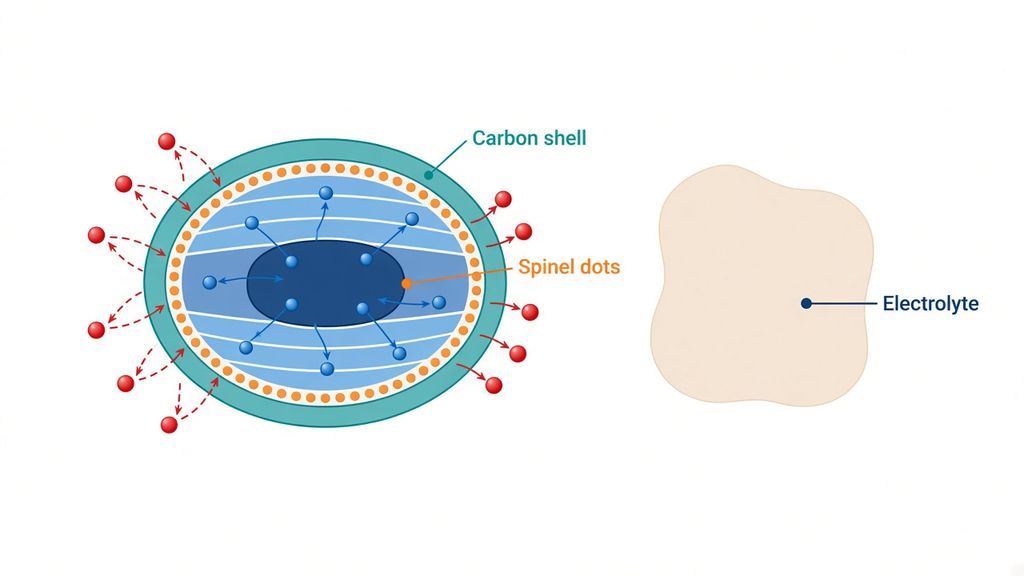 Explainer diagram: a carbon shell blocks oxygen while spinel dots open lithium paths in a lithium-rich cathode