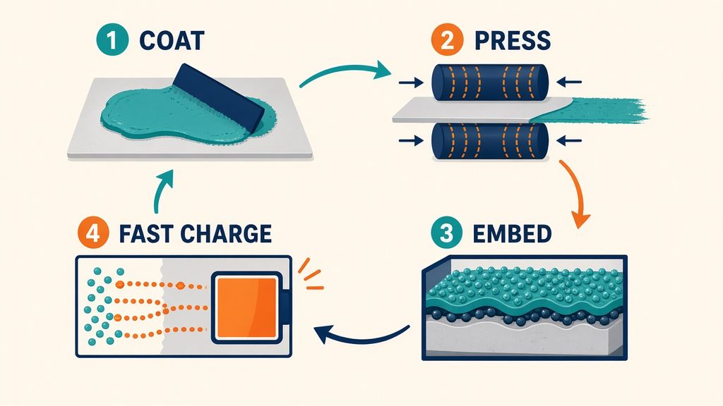 Explainer infographic: coat, press, embed and fast charge steps for LMFP electrodes on plain aluminum foil