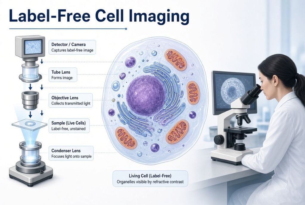 Infographic of a label-free microscope showing optical path and living cell organelles visible without fluorescent labels.