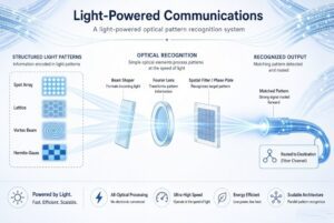 Diagram of a light-powered optical pattern recognition system showing structured light patterns routed through lenses to a fiber channel