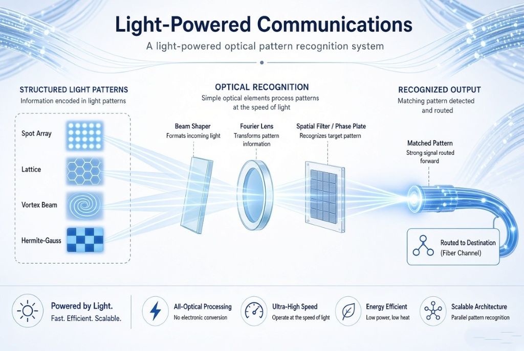 Diagram of a light-powered optical pattern recognition system showing structured light patterns routed through lenses to a fiber channel