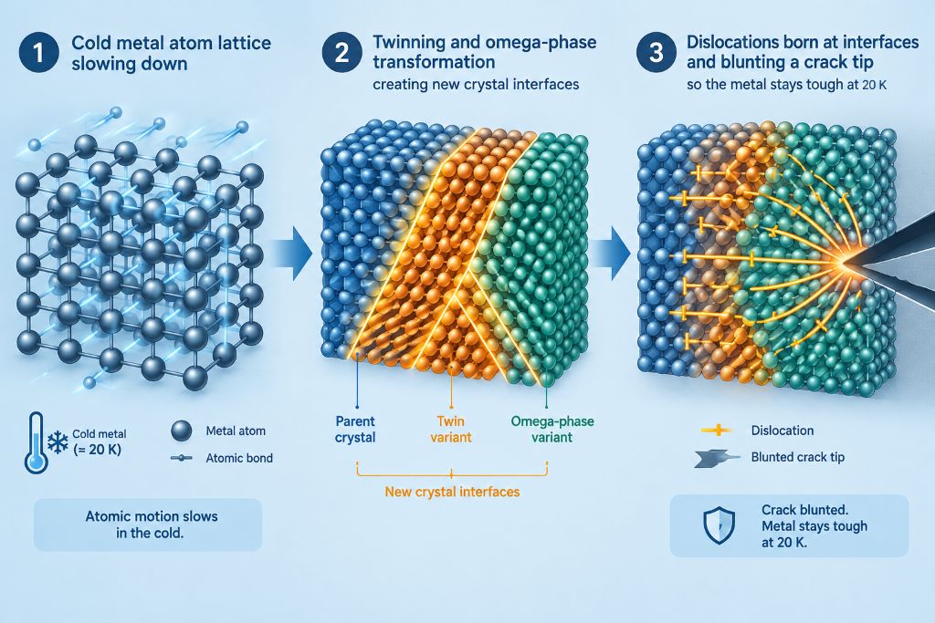 Twinning and omega phase nucleate dislocations to blunt cracks.