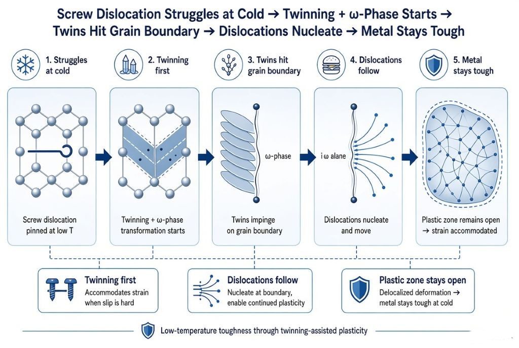 Infographic showing sequence from screw dislocation difficulty to twinning, boundary nucleation, and retained toughness