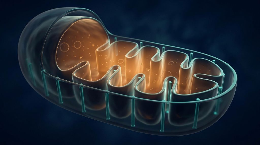 Cutaway mitochondrion with pillar proteins holding the two membranes apart.