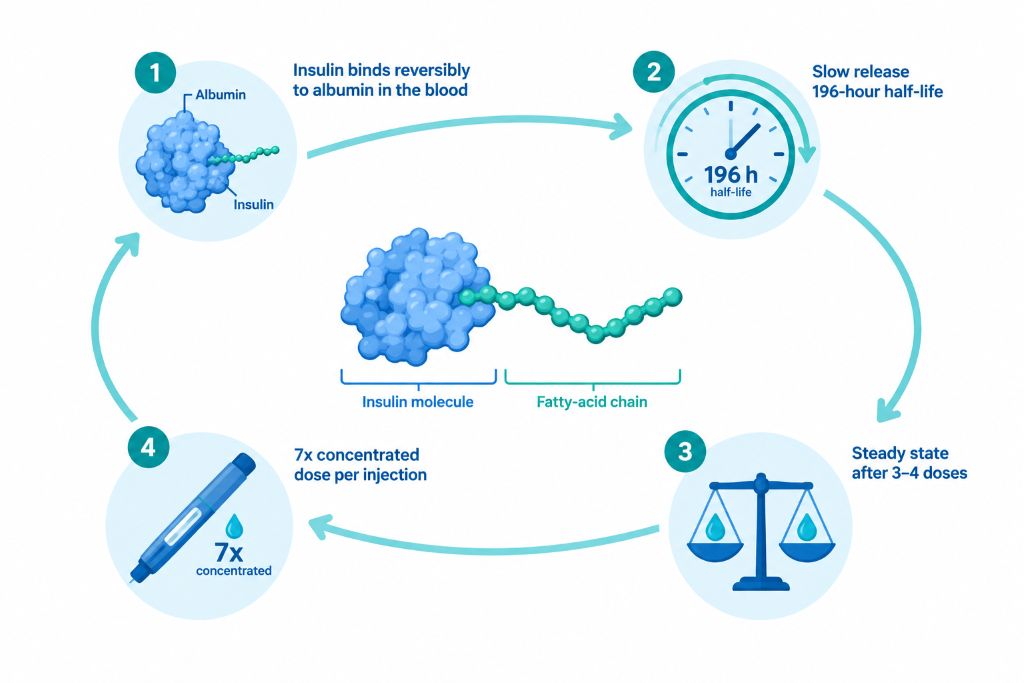 Explainer showing how insulin icodec binds albumin for a 196-hour half-life and weekly steady state.