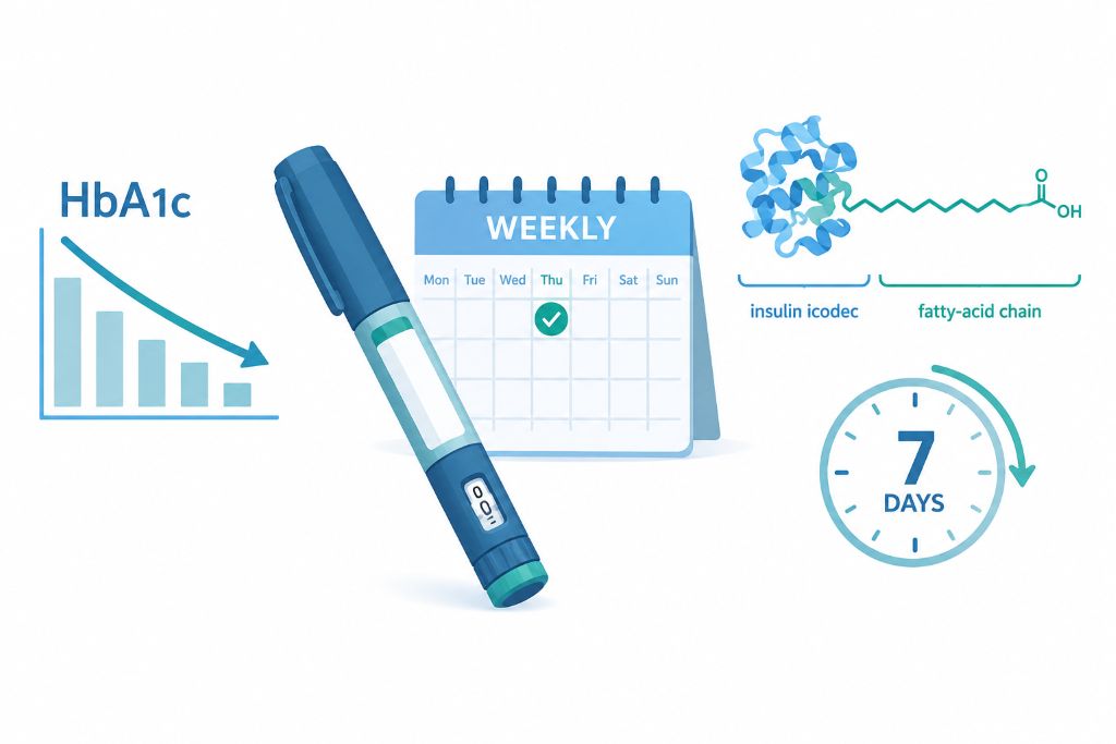 Infographic of a once-weekly insulin pen beside a calendar with one highlighted injection day and a falling HbA1c arrow