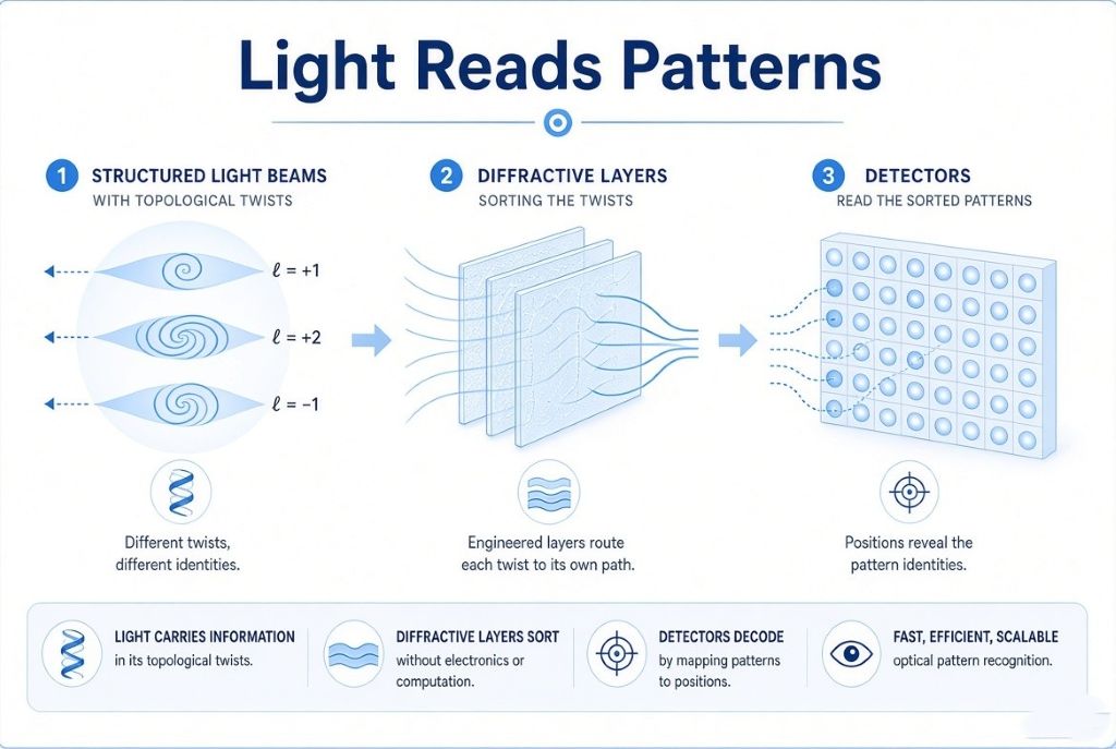 Infographic showing structured light patterns being sorted by diffractive layers for faster communications.