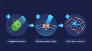 Three-step infographic showing an alga sensing light, a protein opening a gate, and a brain cell turning on—illustrating the research behind the Nobel Prize 2026.