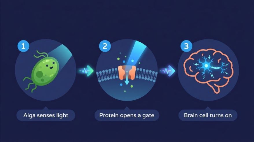 Three-step infographic showing an alga sensing light, a protein opening a gate, and a brain cell turning on—illustrating the research behind the Nobel Prize 2026.