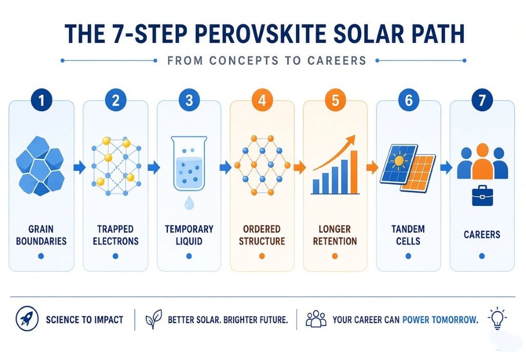 Infographic of the 7-step path from perovskite crystal defects to careers