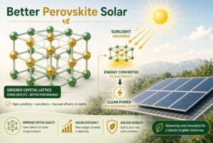 Illustration of defect-reduced perovskite crystals that retain solar energy longer for higher-efficiency solar cells.