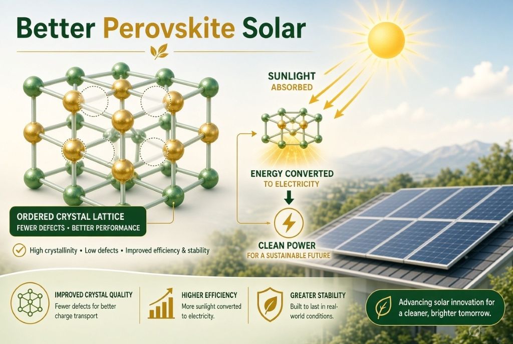Illustration of defect-reduced perovskite crystals that retain solar energy longer for higher-efficiency solar cells.