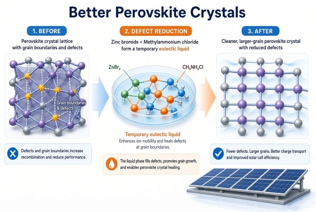 Infographic showing perovskite crystal defects being reduced by a temporary eutectic liquid mixture for better solar cells.