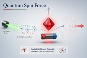 Diagram of electron spins inside a levitated diamond producing enough force to move the centimeter-scale object.
