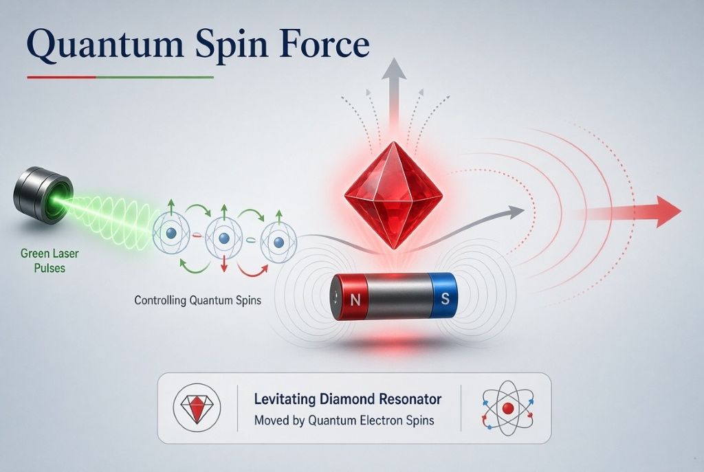 Diagram of electron spins inside a levitated diamond producing enough force to move the centimeter-scale object.