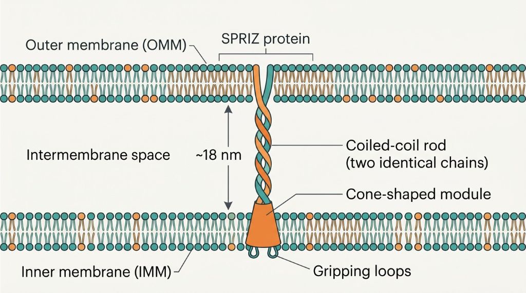 Diagram of SPRIZ coiled-coil rod linking outer and inner mitochondrial membranes.