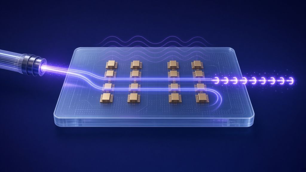 Illustration of an ultraviolet modulator chip splitting a violet UV beam between gold electrodes into fast pulses