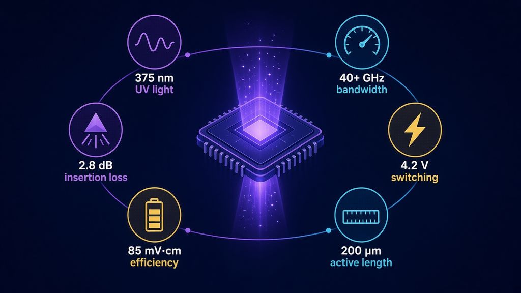 Key takeaways on ultraviolet modulator chips: 375 nm, 40+ GHz, 85 mV·cm, 200 µm, 2.8 dB loss, 4.2 V switching